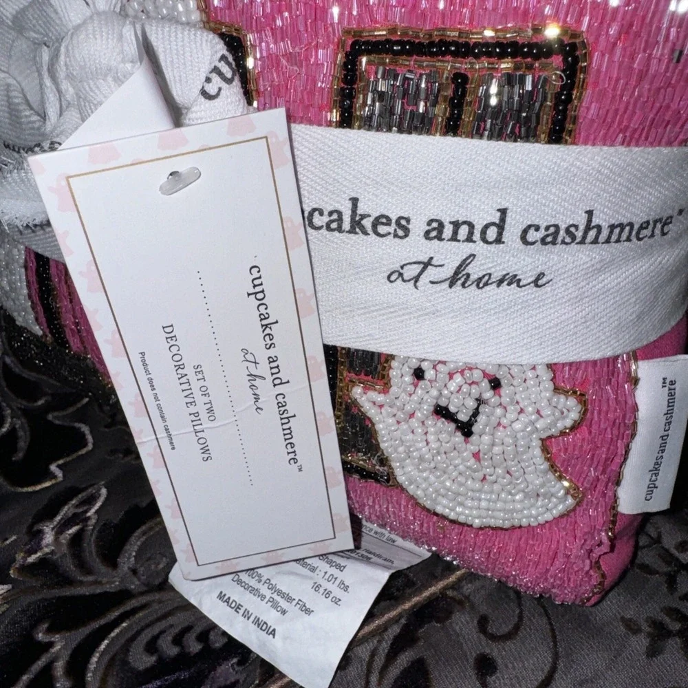 Cupcakes and Cashmere Haunted House Pillows Pink Purple Beaded Set of 2
